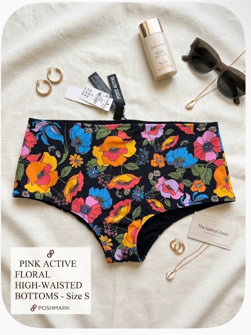 Victorias Secret PINK Black Floral Reversible Hipster Swim Bikini Bottom sz-S